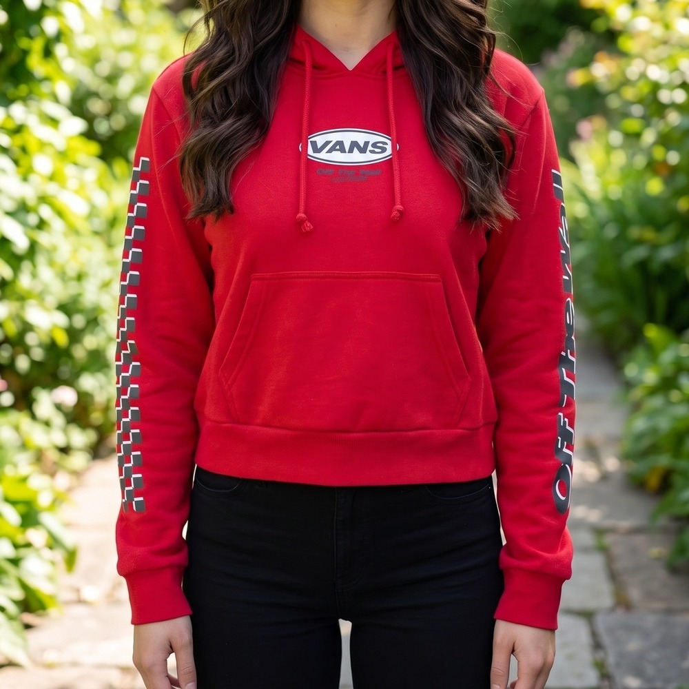 Vans Off The Wall Red Cropped Hoodie Checkerboard Sleeve Graphic Pullover XS